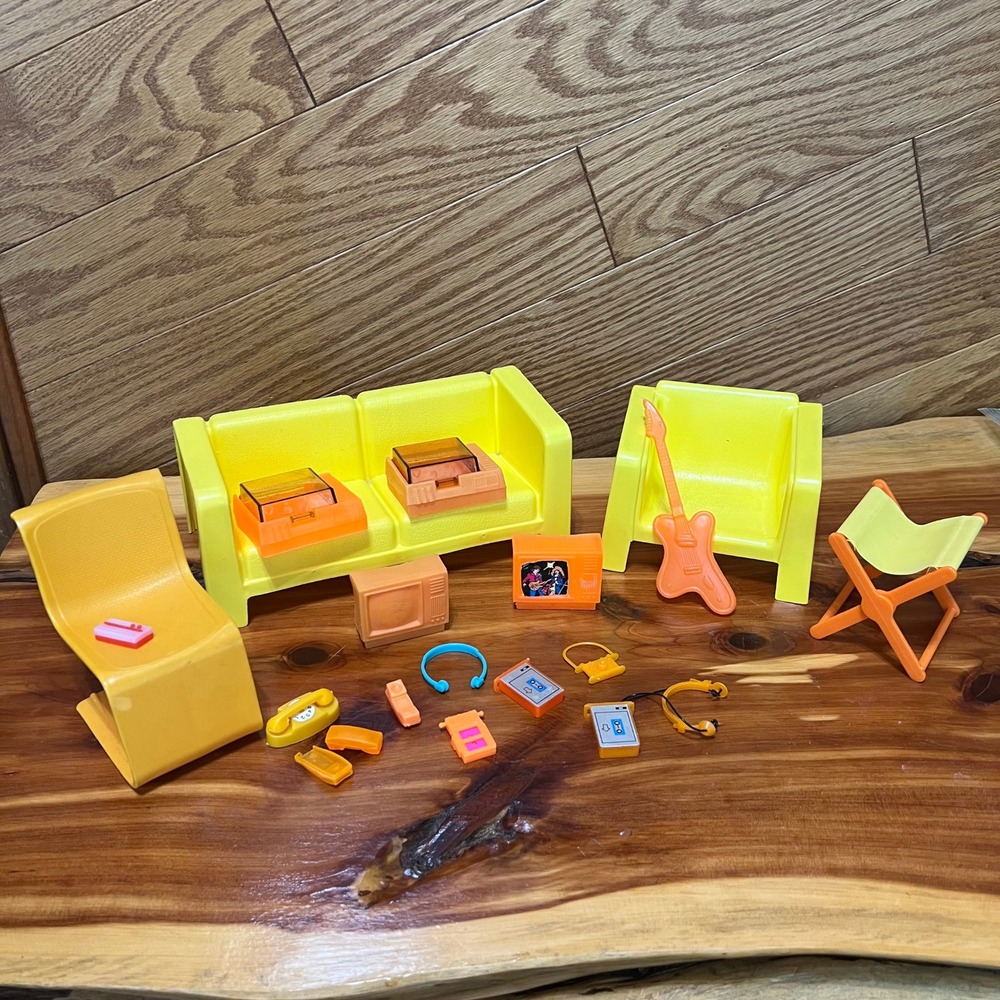 Vtg 1978 Mattel Barbie Living Room Furniture Lot Sofa Chairs TV Stereo Guitar